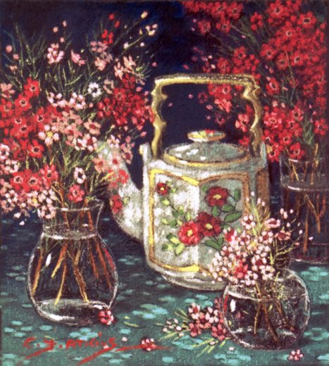 Three vases of Geraldton Wax flowers surround a teapot