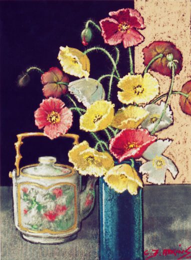 Poppies in a blue vase are accompanied by a multicoloured teapot.