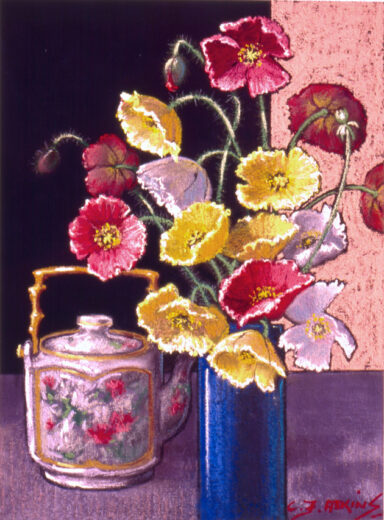 Colourful poppies are in a blue vase, a teapot is in the background.