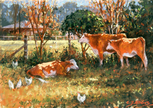 A picture of three cows near a fence. Chickens scratch nearby and a house can be seen in the background. 